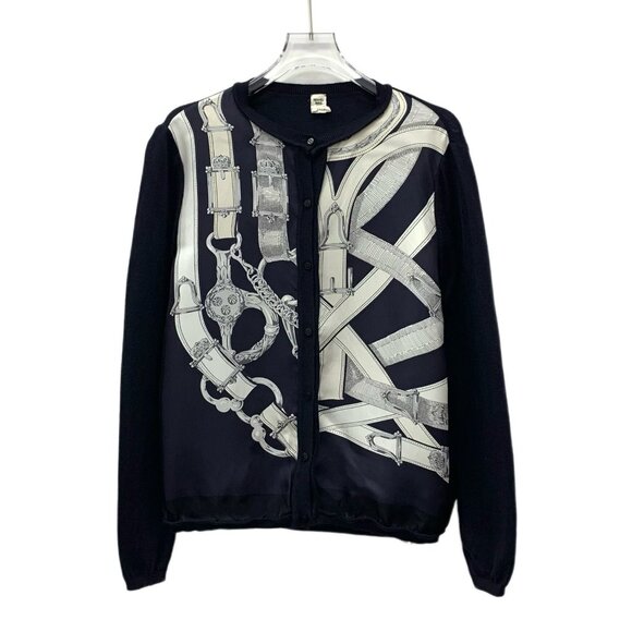 Hermès Paris Chain Print Silk & Cashmere Button Cardigan Navy & White Size 34 XX